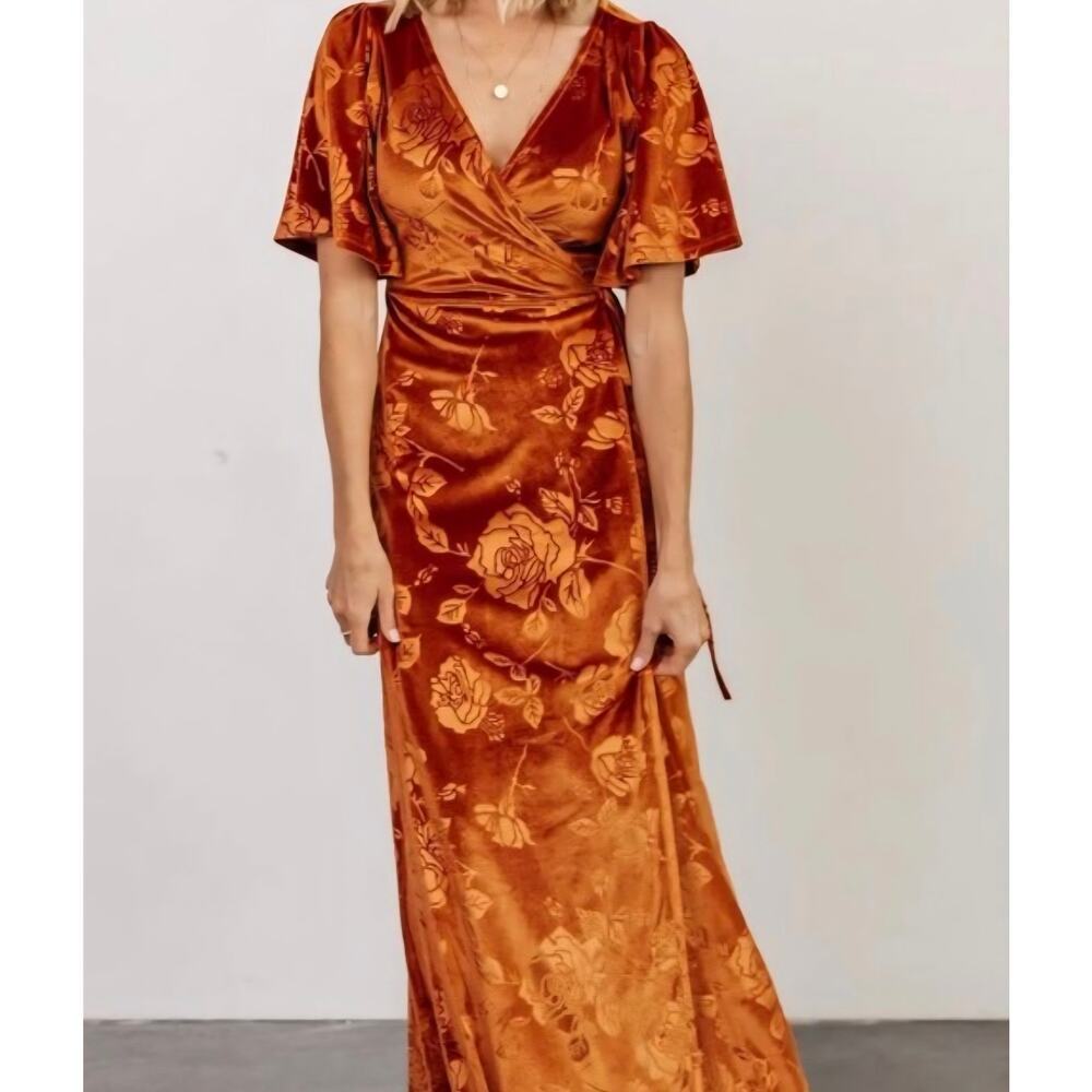 NWT Baltic Born Danielle Velvet Maxi Dress 3XL Rust Orange Embossed Floral Wrap